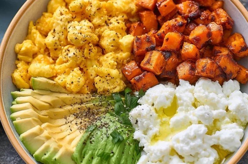 Delicious high-protein breakfast bowl with eggs, quinoa, and fresh vegetables