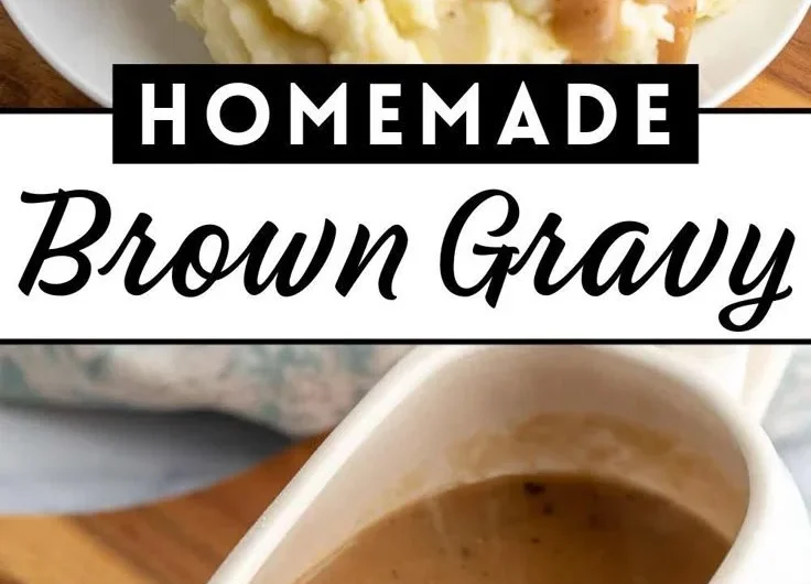 Delicious homemade brown gravy poured over mashed potatoes