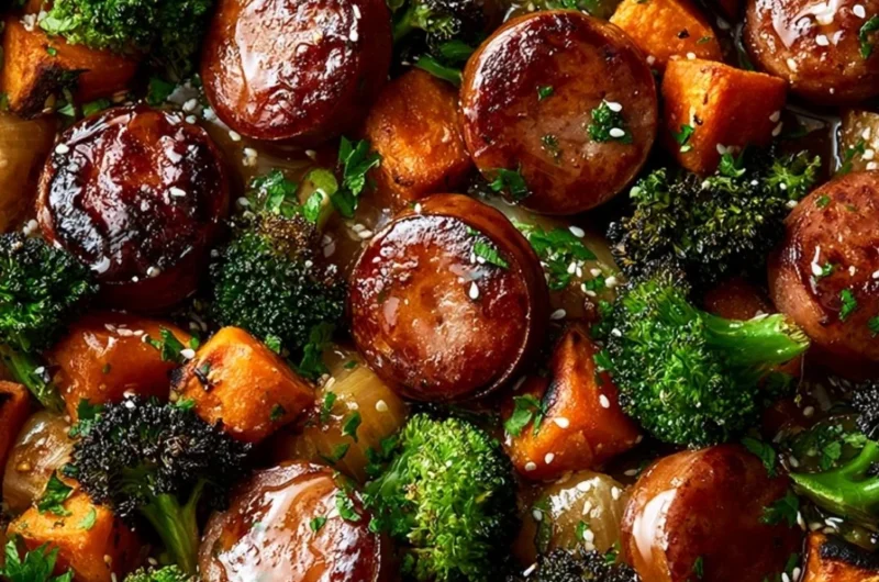 Honey Garlic Sausage with sweet potatoes on a sheet pan for a vibrant dinner