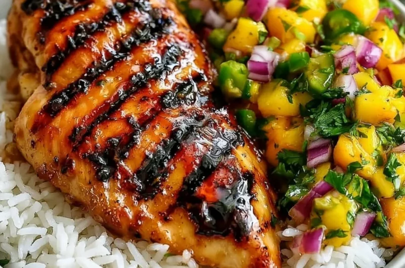 Honey Lime Chicken served with fresh Mango Salsa on a white plate