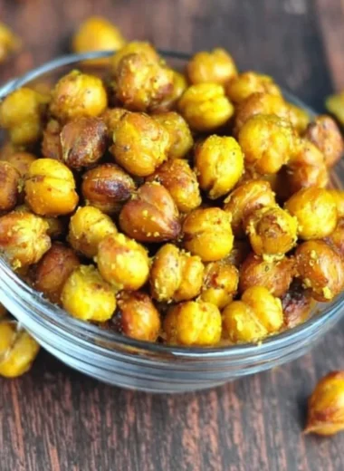 Bowl of honey mustard roasted chickpeas, a healthy and delicious snack