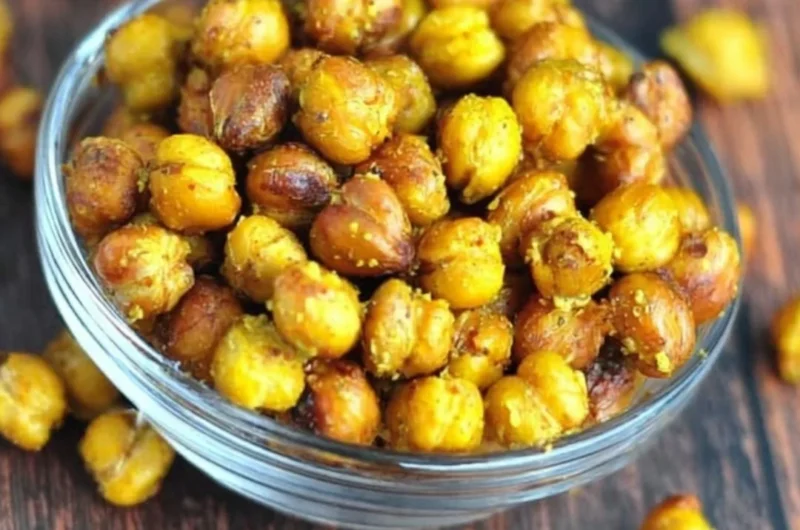 Bowl of honey mustard roasted chickpeas, a healthy and delicious snack
