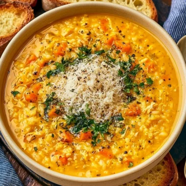A bowl of Italian Penicillin Soup, garnished with fresh herbs and spices.