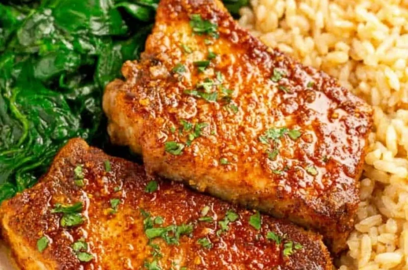 Juicy oven baked pork chops served with rice on a plate