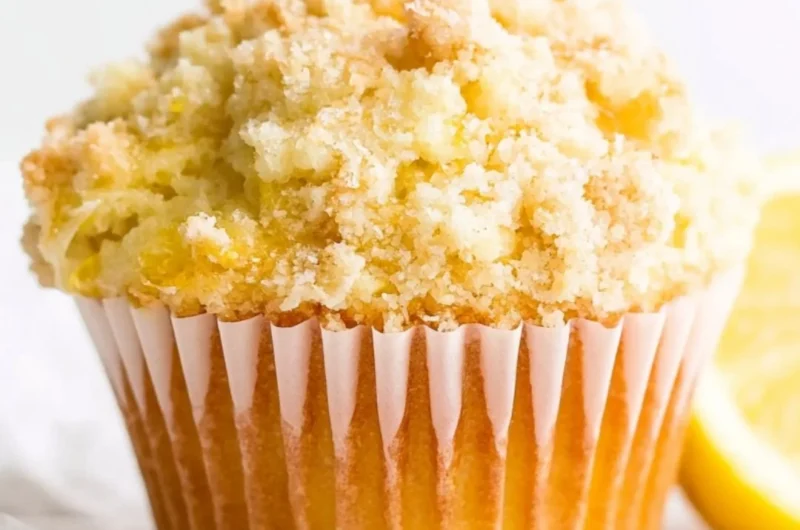 Freshly baked lemon muffins with a golden crust and zesty lemon glaze.
