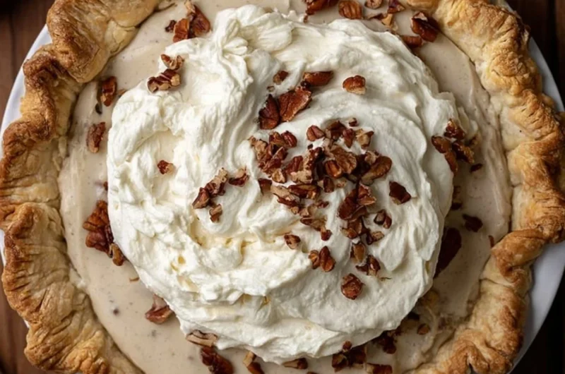 Delicious homemade Pecan Cream Pie with creamy filling and pecan topping