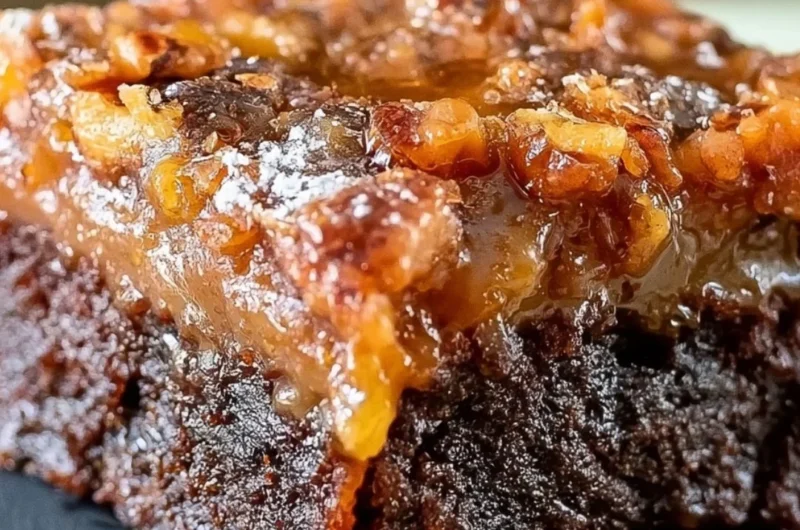 Delicious pecan pie brownies topped with chopped pecans and chocolate drizzle