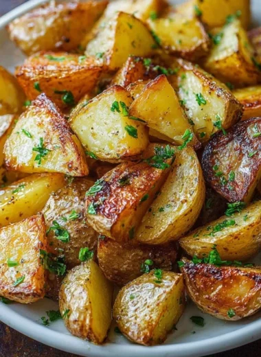 Perfectly roasted potatoes golden brown and crispy, served as a delicious side dish.