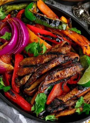 Delicious Portobello vegan fajitas served with colorful peppers and onions