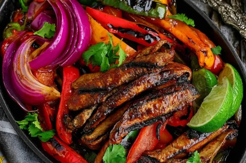 Delicious Portobello vegan fajitas served with colorful peppers and onions