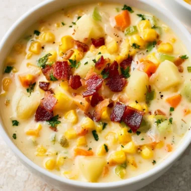 Delicious bowl of potato corn chowder topped with fresh herbs