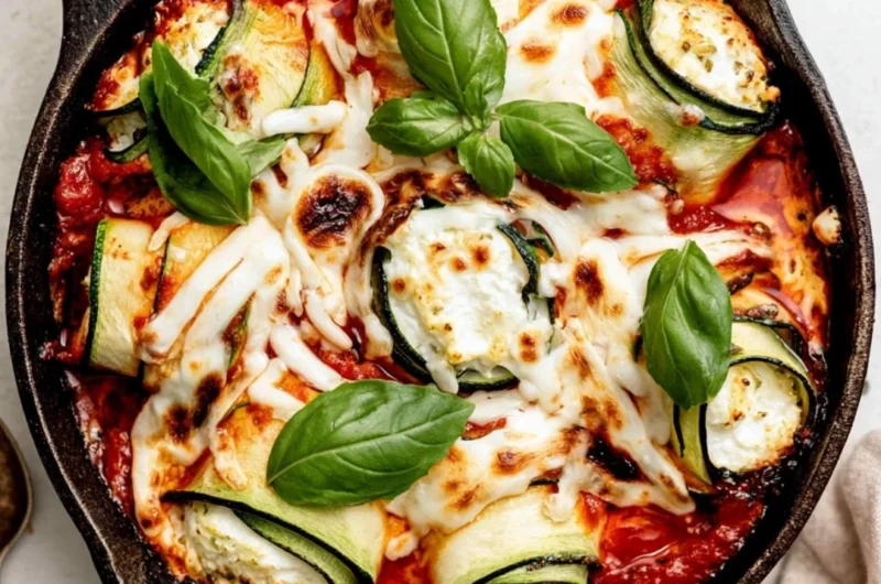 Delicious ricotta stuffed zucchini roll-ups served on a plate with fresh herbs.