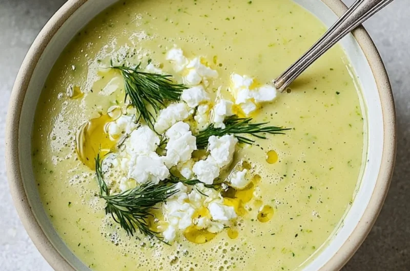 Bowl of creamy roasted zucchini feta soup garnished with fresh herbs