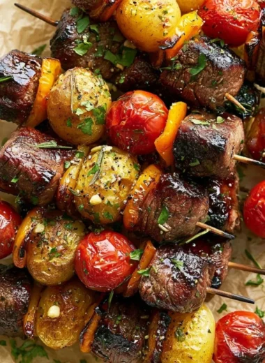 Rosemary garlic steak kebabs ready to be grilled
