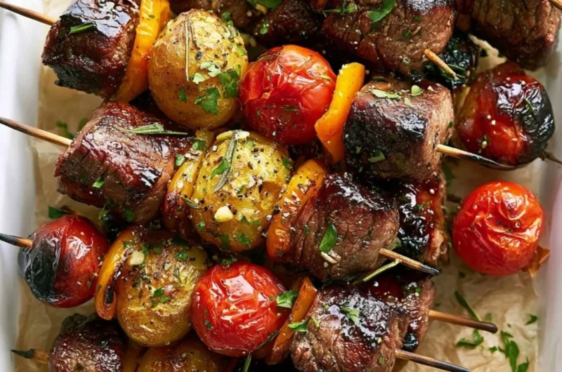 Rosemary garlic steak kebabs ready to be grilled