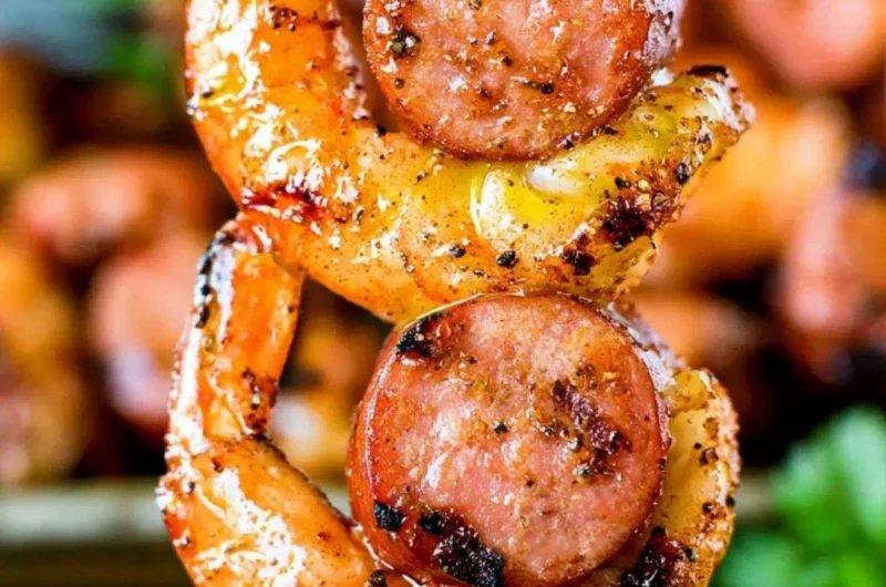 Grilled sausage shrimp kabobs with colorful vegetables on skewers