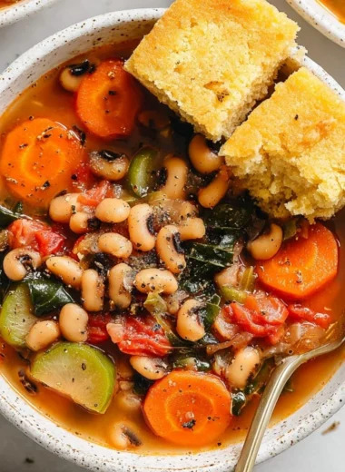 Bowl of smoky black eyed pea soup garnished with herbs and spices