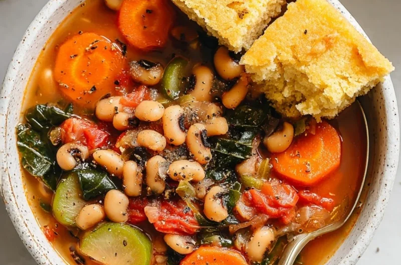 Bowl of smoky black eyed pea soup garnished with herbs and spices