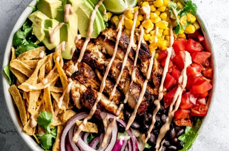 Bowl of Southwest Avocado Chicken Salad with colorful vegetables and chicken