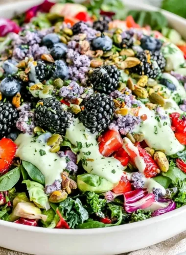 Bowl of superfood berry salad with creamy lemon herb dressing and fresh berries