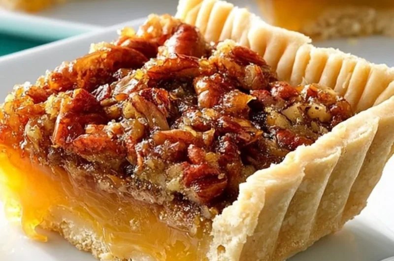 Slice of Texas Pecan Pie topped with whipped cream, served on a rustic plate.