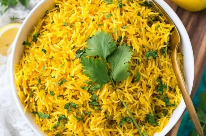 Bowl of flavorful turmeric rice with spices and herbs.