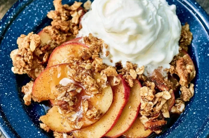 Vegan Campfire Apple Crisp served in a cast iron skillet by a campfire