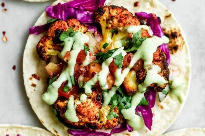 Delicious vegan roasted cauliflower tacos served with fresh toppings