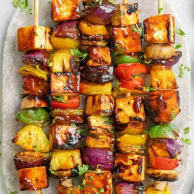 Colorful vegetarian kebabs grilled with fresh vegetables and spices