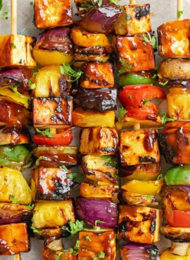 Colorful vegetarian kebabs grilled with fresh vegetables and spices