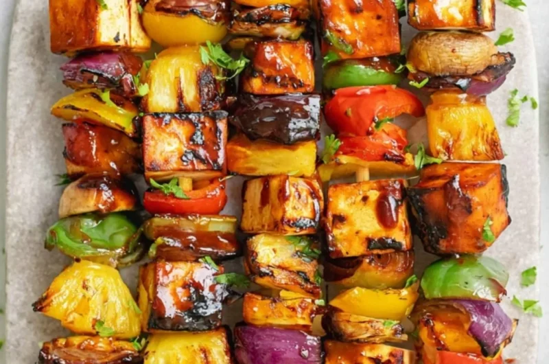 Colorful vegetarian kebabs grilled with fresh vegetables and spices