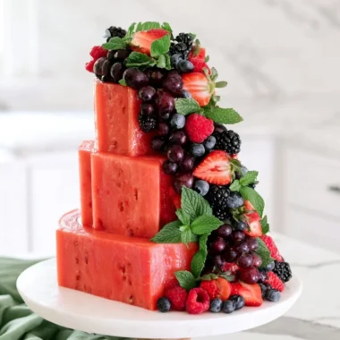 Delicious and colorful Watermelon Cake topped with fruits and cream