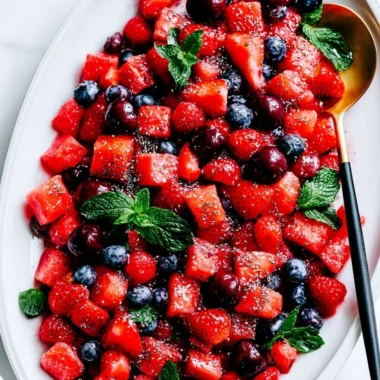 Colorful watermelon salad with mint and feta served in a bowl