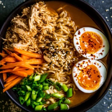 Delicious bowl of chicken ramen garnished with green onions and soft-boiled egg