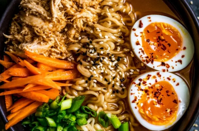 Delicious bowl of chicken ramen garnished with green onions and soft-boiled egg