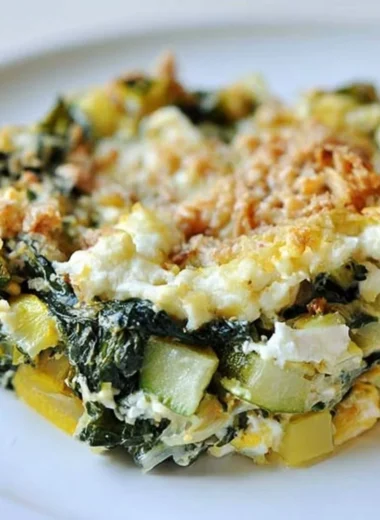 Baked zucchini casserole with spinach and feta served in a dish