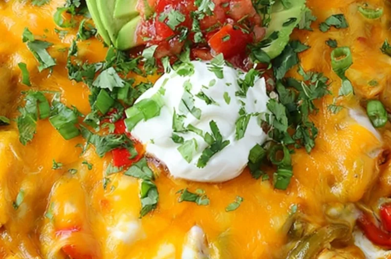 Cheesy chicken fajitas casserole served in a dish with colorful peppers and cheese