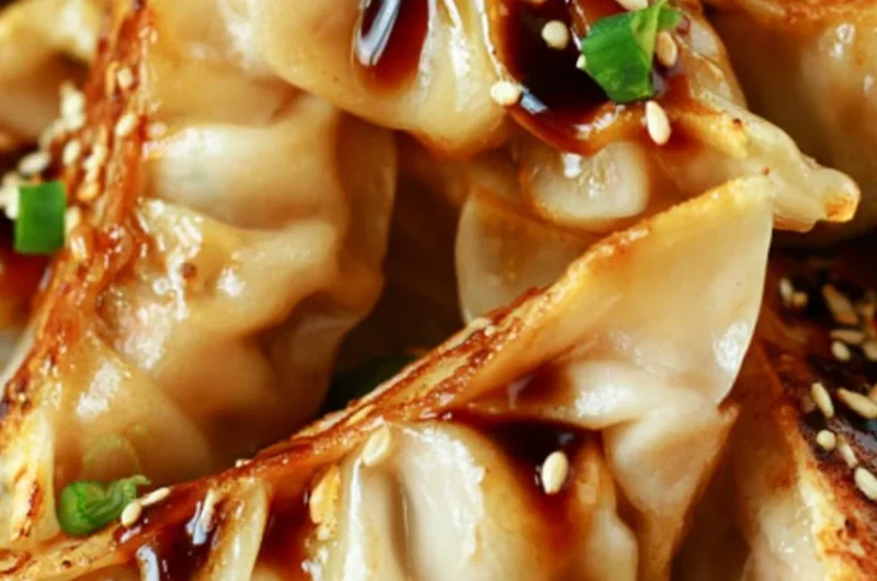 Homemade chicken potstickers filled with chicken and vegetables on a plate.