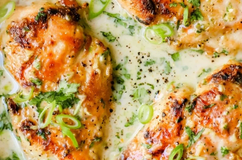 Plate of Coconut Lime Chicken garnished with lime wedges and fresh herbs