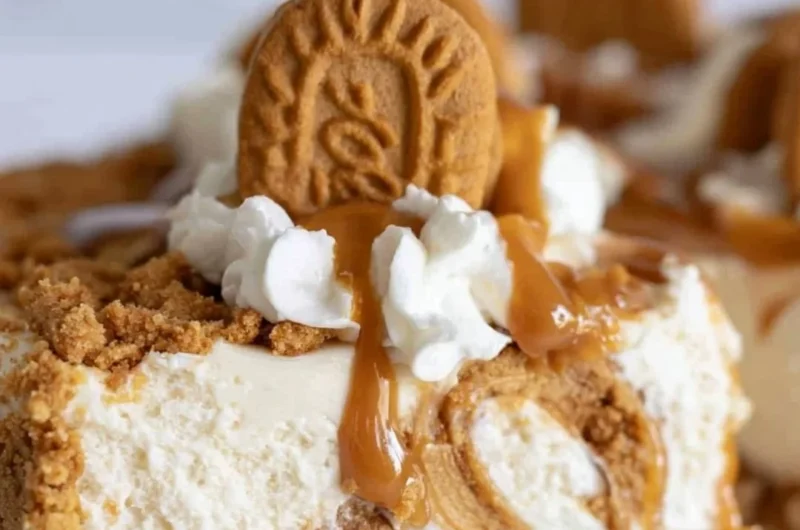 No bake Cookie Butter Cheesecake topped with cookie butter and whipped cream