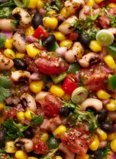 A cozy bowl of Cowboy Caviar filled with fresh vegetables and beans