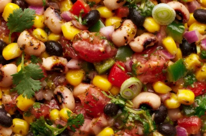 A cozy bowl of Cowboy Caviar filled with fresh vegetables and beans