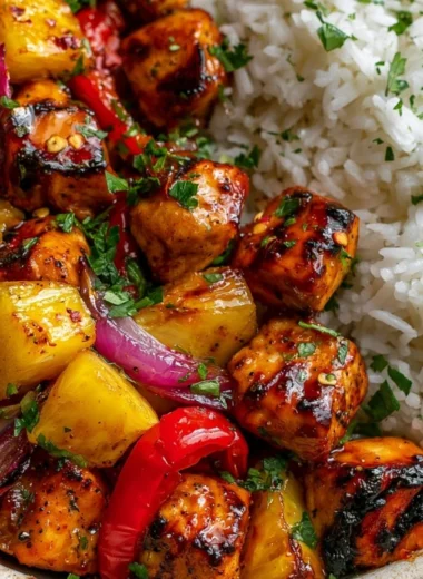 Delicious Hawaiian Chicken served on a sheet pan with colorful veggies.