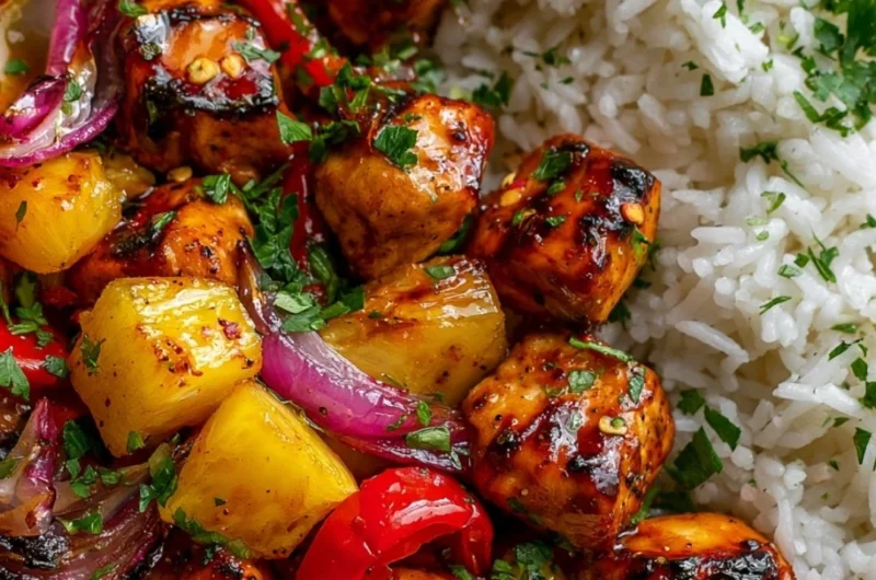 Delicious Hawaiian Chicken served on a sheet pan with colorful veggies.