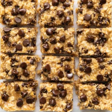 No-bake peanut butter oatmeal bars served on a rustic wooden table