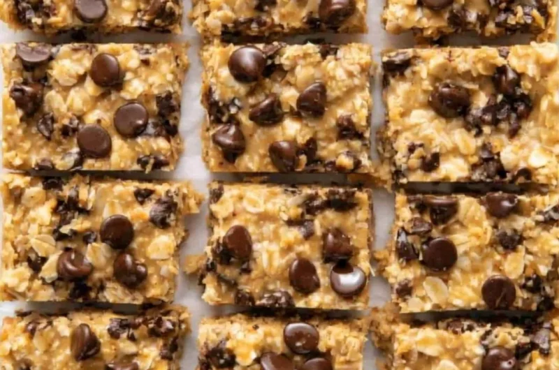 No-bake peanut butter oatmeal bars served on a rustic wooden table