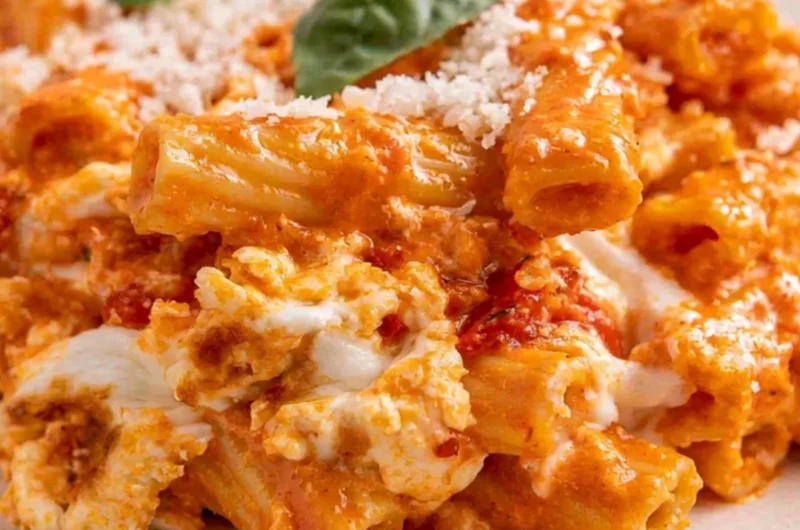 Cream Cheese Baked Ziti Vegetarian Casserole topped with cheese and herbs