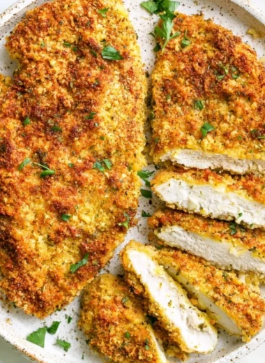 Crispy oven baked chicken cutlets served with a side of vegetables