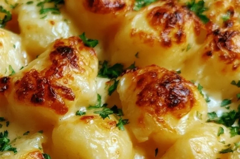 Delmonico Potatoes served on a plate with herbs and seasoning