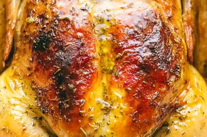 Juicy Dutch Oven whole chicken served with herbs and vegetables.
